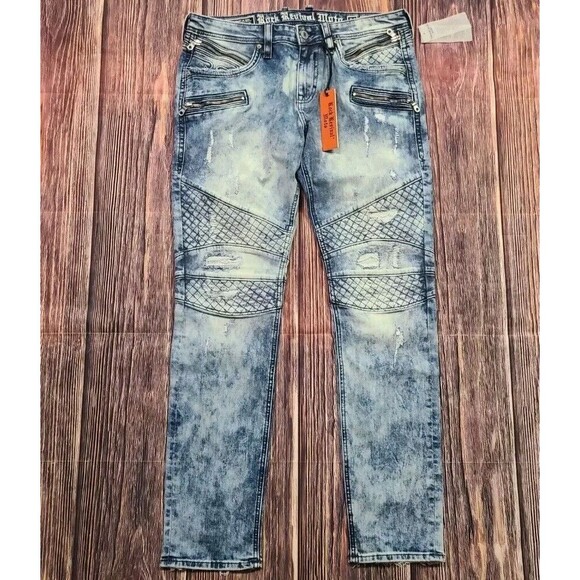 Rock Revival Moto Jeans Mens 34/32 Gayle Distressed Denim Zipper Acid Wash S202